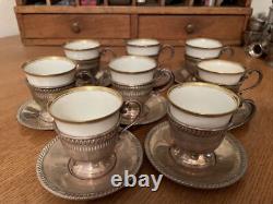 8 Fisher Sterling Demitasse Cups & Saucers with Hutschenreuther Selb Bavaria Liner
