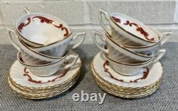 8 Flat Demitasse Cups & Saucers Syracuse Baroque Maroon Mid Century Vintage USA