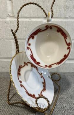 8 Flat Demitasse Cups & Saucers Syracuse Baroque Maroon Mid Century Vintage USA