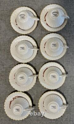 8 Flat Demitasse Cups & Saucers Syracuse Baroque Maroon Mid Century Vintage USA