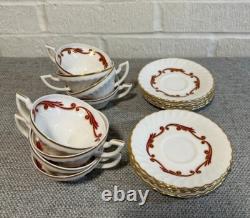 8 Flat Demitasse Cups & Saucers Syracuse Baroque Maroon Mid Century Vintage USA