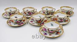 8 Hand Painted Dresden Demitasse Cup & Saucers Flowers, Circa 1920
