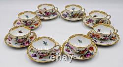 8 Hand Painted Dresden Demitasse Cup & Saucers Flowers, Circa 1920