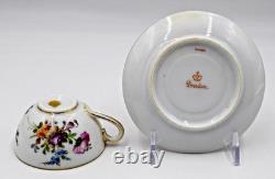 8 Hand Painted Dresden Demitasse Cup & Saucers Flowers, Circa 1920