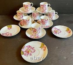 8 Hand Painted Haviland Limoges Demitasse Cups + 11 Saucers With Pink Orchid Gold