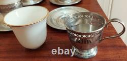 8 Lenox Demitasse Porcelain insert cups, Wallace Sterling Silver Saucer Set, MNS