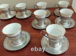 8 Lenox Demitasse Porcelain insert cups, Wallace Sterling Silver Saucer Set, MNS