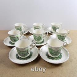 8 Spode Hunt Scenes (Green Ring) Demitasse Cups & Saucers Vintage England