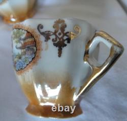8pc. Antique Demitasse Cup And Saucers Hand-painted Japanese Landscape