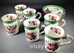 A Set of Six Coalport Demitasse Cups And Saucers, Florals With Green Bands, Gold