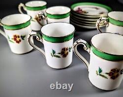 A Set of Six Coalport Demitasse Cups And Saucers, Florals With Green Bands, Gold