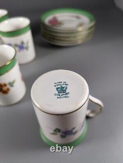 A Set of Six Coalport Demitasse Cups And Saucers, Florals With Green Bands, Gold