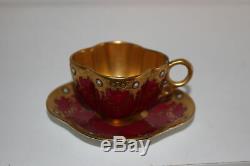 ANTIQUE COALPORT MINI/DEMITASSE CUP & SAUCER-RED WithTURQUOISE DOTS & GOLD GILT