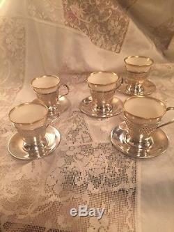 ANTIQUE SET OF 5 G. H. French Sterling Silver Lenox China Demitasse Cups Saucers