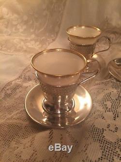 ANTIQUE SET OF 5 G. H. French Sterling Silver Lenox China Demitasse Cups Saucers
