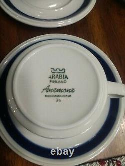 ARABIA Finland Anemone Ulla Procope Blue Demitasse Cups Saucers Lot of 4