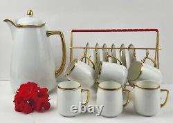 Antiq. Hermann Ohme Silesia Clear Glaze Coffee Pot & 6 Demitasse Cups with Saucers