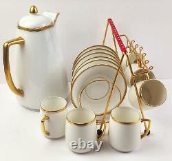 Antiq. Hermann Ohme Silesia Clear Glaze Coffee Pot & 6 Demitasse Cups with Saucers