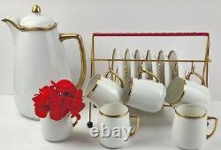 Antiq. Hermann Ohme Silesia Clear Glaze Coffee Pot & 6 Demitasse Cups with Saucers