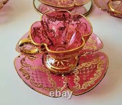 Antique 1800s Bohemian Moser Raised Enamel Demitasse Cups & Saucers Set Of 2