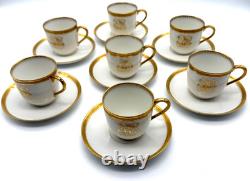 Antique 1860's M. Redon Limoges Demitasse Gilded Monogram Teacup Saucer Set of 7