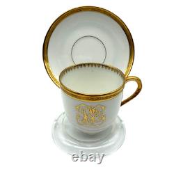 Antique 1860's M. Redon Limoges Demitasse Gilded Monogram Teacup Saucer Set of 7