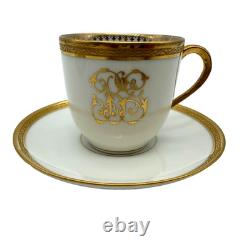 Antique 1860's M. Redon Limoges Demitasse Gilded Monogram Teacup Saucer Set of 7