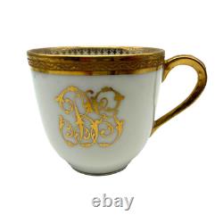 Antique 1860's M. Redon Limoges Demitasse Gilded Monogram Teacup Saucer Set of 7