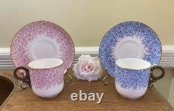 Antique 1886 Royal Worcester 2 Bone China Demitasse Cups & Saucers Blue & Pink