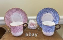 Antique 1886 Royal Worcester 2 Bone China Demitasse Cups & Saucers Blue & Pink