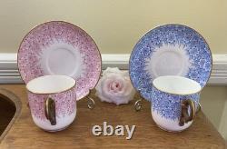 Antique 1886 Royal Worcester 2 Bone China Demitasse Cups & Saucers Blue & Pink