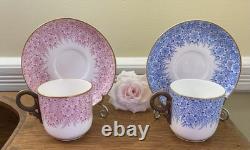 Antique 1886 Royal Worcester 2 Bone China Demitasse Cups & Saucers Blue & Pink