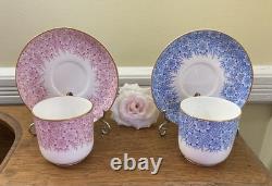 Antique 1886 Royal Worcester 2 Bone China Demitasse Cups & Saucers Blue & Pink