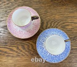 Antique 1886 Royal Worcester 2 Bone China Demitasse Cups & Saucers Blue & Pink