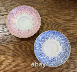 Antique 1886 Royal Worcester 2 Bone China Demitasse Cups & Saucers Blue & Pink