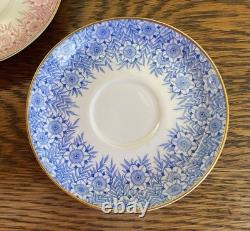 Antique 1886 Royal Worcester 2 Bone China Demitasse Cups & Saucers Blue & Pink