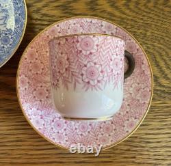 Antique 1886 Royal Worcester 2 Bone China Demitasse Cups & Saucers Blue & Pink