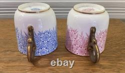 Antique 1886 Royal Worcester 2 Bone China Demitasse Cups & Saucers Blue & Pink