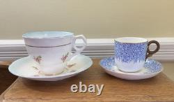 Antique 1886 Royal Worcester 2 Bone China Demitasse Cups & Saucers Blue & Pink