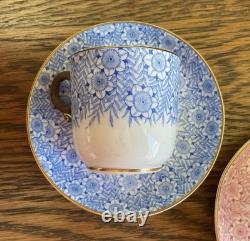 Antique 1886 Royal Worcester 2 Bone China Demitasse Cups & Saucers Pink & Blue