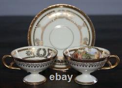 Antique 1900s Pair Demitasse Gold Encrusted Dresden Porcelain Cups + 1 Saucer