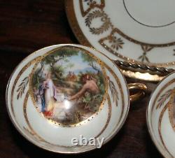 Antique 1900s Pair Demitasse Gold Encrusted Dresden Porcelain Cups + 1 Saucer