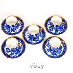 Antique 1920's Aynsley Flow Blue Chinoiserie Demitasse Cup & Saucer Set of 5