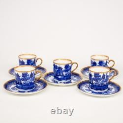 Antique 1920's Aynsley Flow Blue Chinoiserie Demitasse Cup & Saucer Set of 5