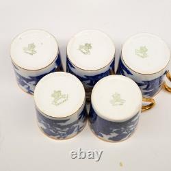 Antique 1920's Aynsley Flow Blue Chinoiserie Demitasse Cup & Saucer Set of 5