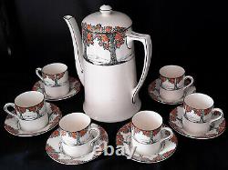 Antique 1920s Crown Ducal ORANGE TREE Coffee Pot/Six Demitasse Cups/Saucers