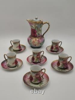 Antique 19th C C. S. Prussia Handpainted Demitasse Set 6 Cups Saucers Coffee Pot