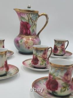Antique 19th C C. S. Prussia Handpainted Demitasse Set 6 Cups Saucers Coffee Pot
