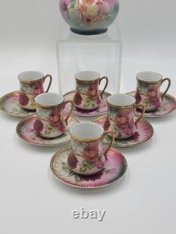 Antique 19th C C. S. Prussia Handpainted Demitasse Set 6 Cups Saucers Coffee Pot