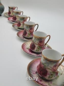 Antique 19th C C. S. Prussia Handpainted Demitasse Set 6 Cups Saucers Coffee Pot